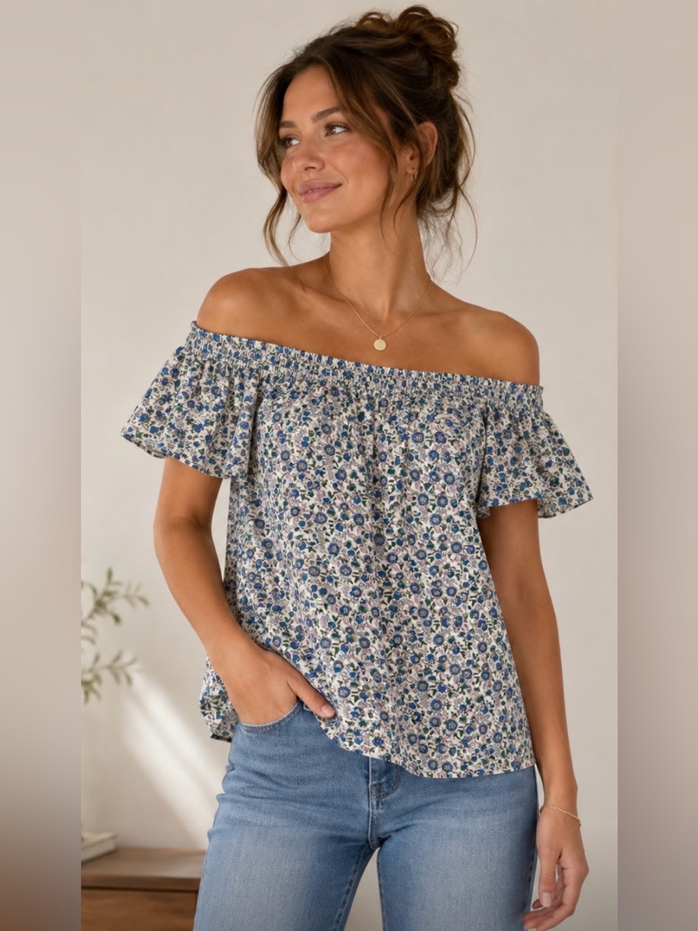 NWT LOFT Women’s Petite Small Off-Shoulder Floral Ruffle Top Linen Blend